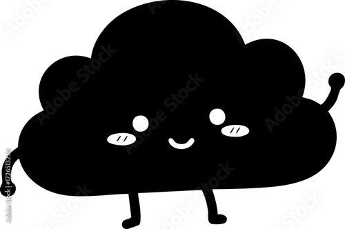 Digital art: A cute, black cloud character with a smiling face and waving arm stands cheerfully against a plain white background, creating a playful mood.
