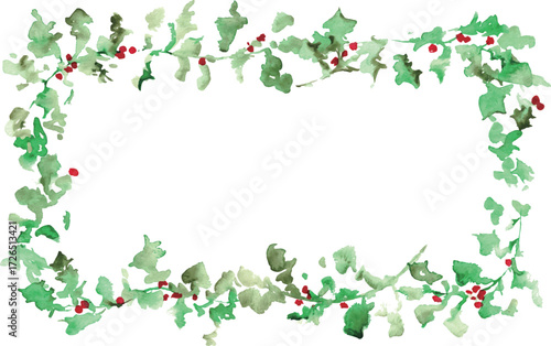 水彩画。水彩タッチの12月のクリスマスリース。ヒイラギのクリスマスベクターイラスト。