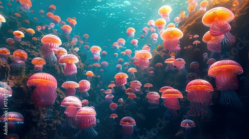 Glowing mushroom forest in an underwater bubble world fantasy