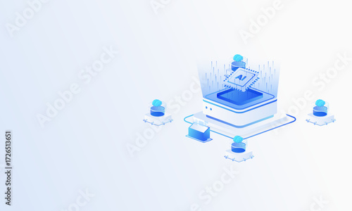Artificial intelligence chip isometric vector illustration. chip machine learning technology, computer electronics and AI systems landing page template.