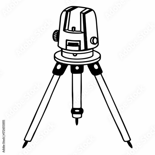 Laser level tool on tripod in black and white outline style  