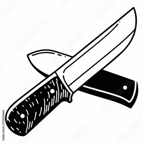 Two crossed knives with black handles on white background  