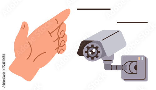 Hand stopping a security camera recording highlights privacy, monitoring, or control themes. Ideal for privacy, technology, safety, control, data regulation security. Simple flat metaphor