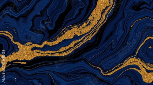 A Flow of Midnight and Gold: Swirling Blue Currents and Gilded Veins in an Abstract Tribute to Earth’s Hidden Beauty