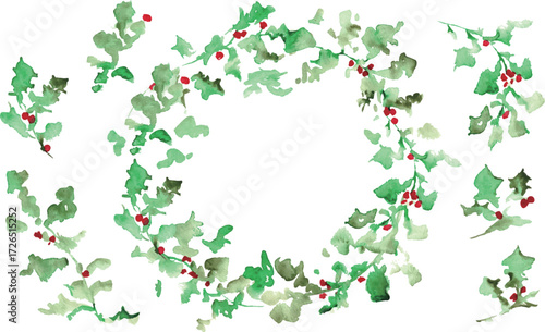 水彩画。水彩タッチの12月のクリスマスリース。ヒイラギのクリスマスベクターイラスト。