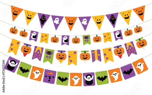 Colorful halloween bunting flags with pumpkins ghosts and bats