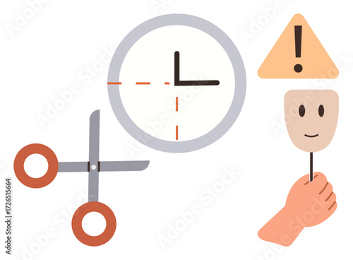Scissors cutting a clock, a hand holding a mask with a smile, and a warning sign. Ideal for time management, emotional control, prioritization, work-life balance, decision-making, stress management