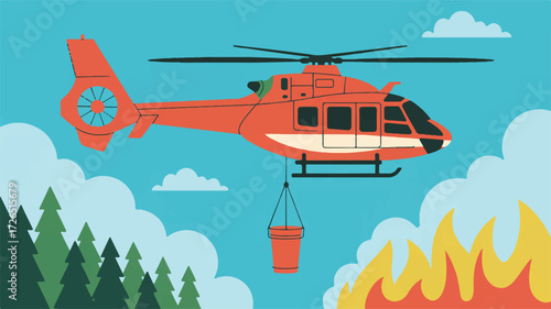 A digital illustration of a red fire-fighting helicopter flying over a forest fire