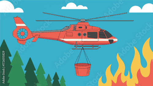 A digital illustration of a red fire-fighting helicopter flying over a forest fire