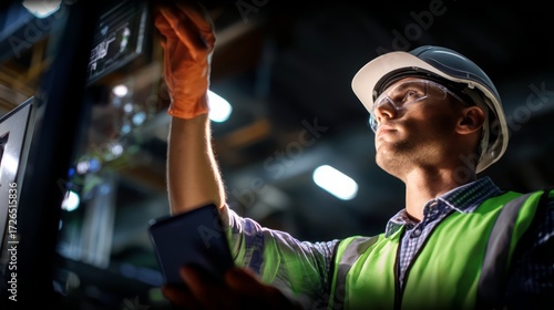 Wallpaper Mural Industrial Worker Using Smartphone in Warehouse with Safety Gear Torontodigital.ca