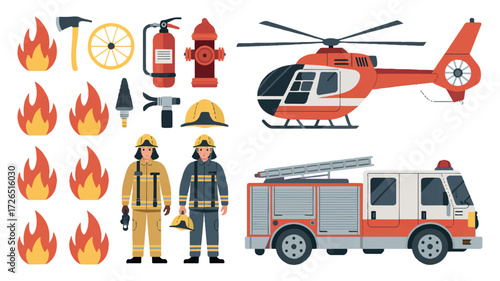 A flat design illustration of firefighter equipment and vehicles arranged on a white background