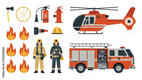 A flat design illustration of firefighter equipment and vehicles arranged on a white background 