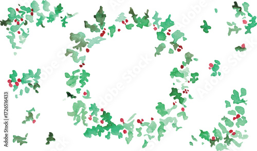 水彩画。水彩タッチの12月のクリスマスリース。ヒイラギのクリスマスベクターイラスト。