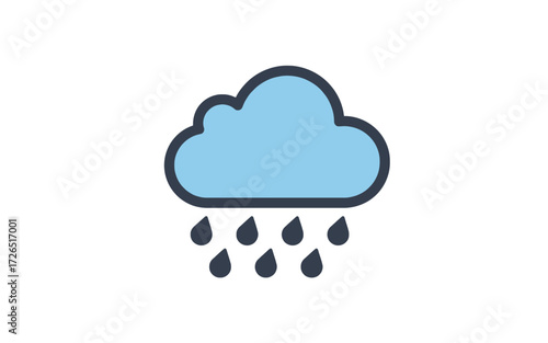 A simple illustration of a blue cloud with dark blue raindrops falling downwards.