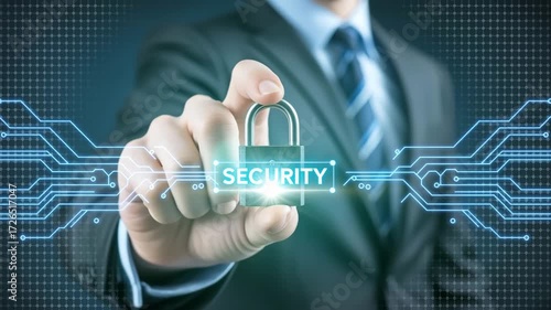 Security Concept Businessman Holding Padlock with Glowing Security Text Safeguarding Digital Data and Protecting from Cybercrime Threats with Secure Online Technology 4k video