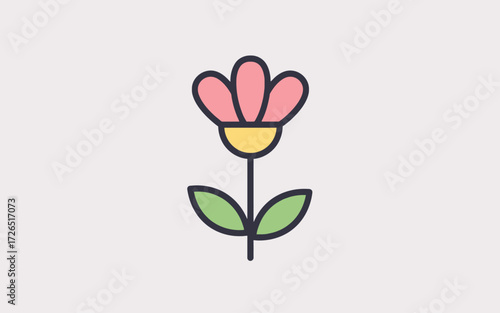 A simple, stylized illustration of a pink flower with green leaves and a yellow center, set against a plain light gray background.