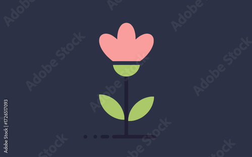 A simple, stylized illustration of a pink flower with green leaves and stem against a dark blue background.