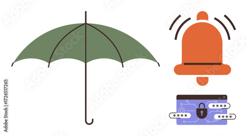 Green umbrella symbolizing protection, orange bell indicating alerts or notifications, secure browser with password fields denoting privacy. Ideal for security, privacy, protection, alertness, risk