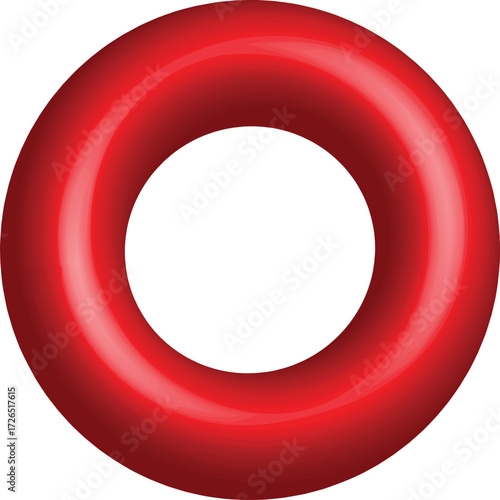 A 3D red ring with smooth shading and glossy highlights. The circular shape creates a hollow center, resembling a torus or donut. Bold and modern design element.