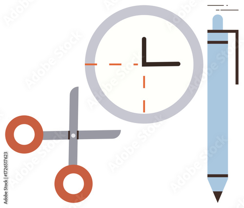 Pen, scissors, and clock outline collaboration, time management, creativity, and efficiency. Ideal for productivity, office work deadlines organization teamwork planning multitasking. A simple