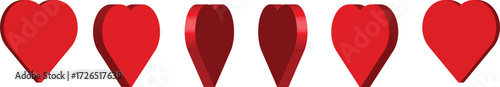 Row of five red hearts, some shown in 3D perspective. Minimal love and romance design element for decoration, icons, or Valentine’s Day themes. Simple glossy heart shapes.