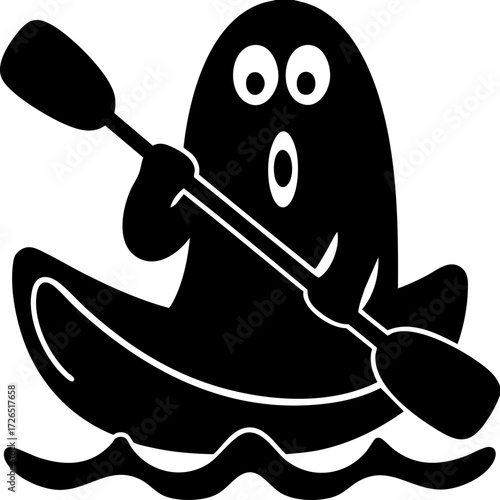 Whimsical ghost paddles kayak with surprised expression, creating playful and spooky atmosphere. simple black and white illustration adds fun twist to concept of ghostly activities