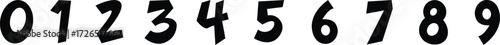 Playful black numbers 0 to 9 in a quirky, tilted style. Each digit has a fun, cartoon-like feel with bold curves and angles. Perfect for comics, posters, or creative projects.