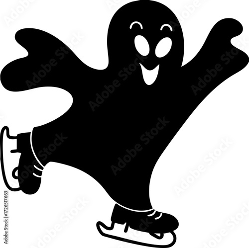 Whimsical ghost joyfully ice skating, showcasing playful movement and cheerful expression. ghost flowing form and skates add fun, supernatural twist to winter sport theme