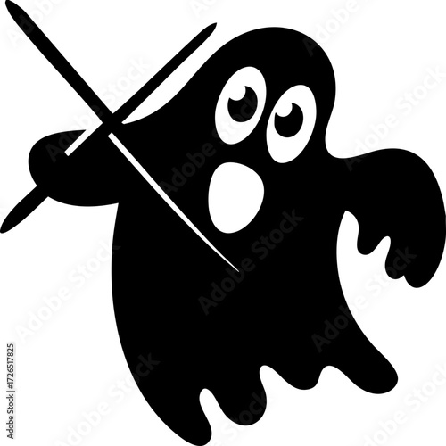 Whimsical ghost with surprised expression holds fencing sword, blending humor and sport in playful design. ghost animated features add fun and lighthearted touch to image