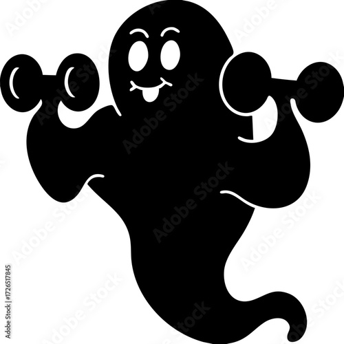Cheerful ghost lifting dumbbells, showcasing playful and whimsical spirit. illustration combines fitness with supernatural theme, creating fun and unique concept