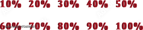 A set of red percentage labels ranging from 10% to 100% in increments of 10. The numbers are bold and evenly spaced in two rows. Useful for progress, discounts, or statistics.