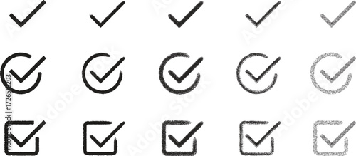 Collection of black checkmark icons in various styles, including plain, circular, and square outlines. Represents approval, completion, or confirmation. Simple and versatile design set.