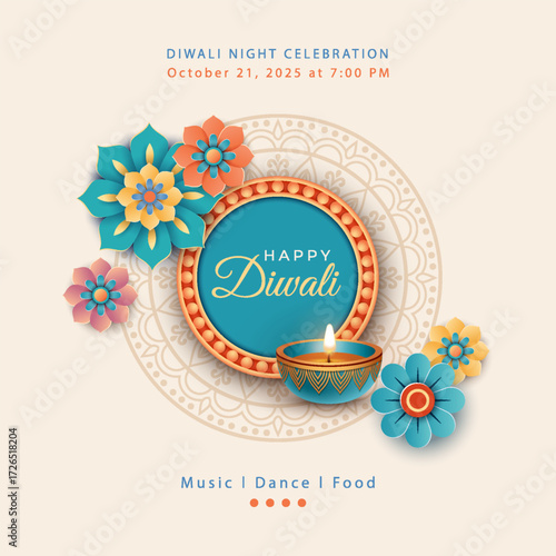 Hindu Diwali festival celebration banner. Composition with mandala in center, deya oil lamp and paper flowers
