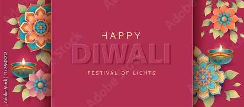 Diwali Rangoli Paper Cut Celebration. Happy Diwali Festival banner with Oil Lamp, Rangoli Decoration and volumetric text