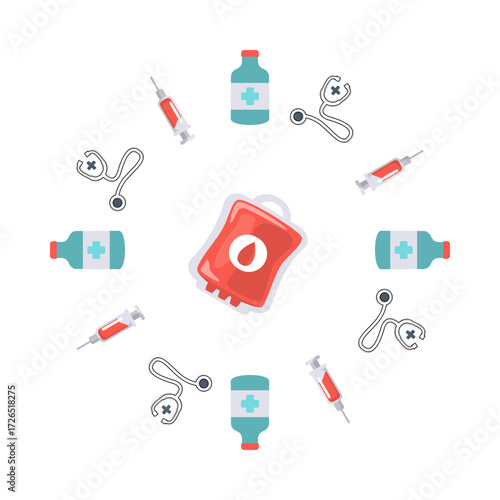 Medical syringe, stethoscope, medicine vial, and blood bag icons isolated on white background, clean healthcare illustration for hospital and clinic design.
