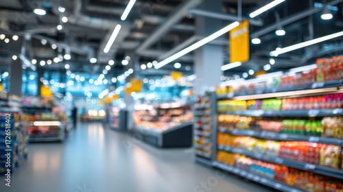Wallpaper Mural Defocused discount store interior, abstract blur with colorful bokeh, bright supermarket environment, soft focus, large empty space for advertising or website content. Torontodigital.ca