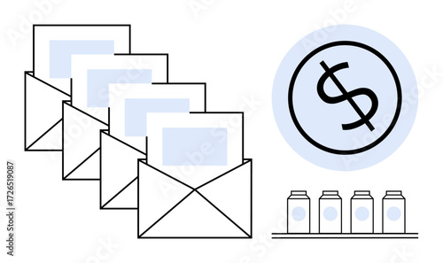 Open envelopes with letters, dollar sign in circle, and jars below representing communication, finance, budgeting, savings, investments, marketing e-commerce. Ideal for simple flat metaphor