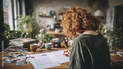 Creative writer in cozy home office surrounded by plants and photographs