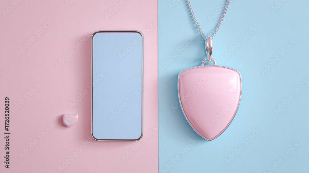 Fototapeta premium Minimalistic Layout Featuring a Smartphone and Shield Pendant in Pastel Colors on a Contrasting Background for Security and Technology Themes