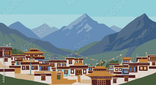 Traditional Buddhist village nestled in a scenic Himalayan mountain valley