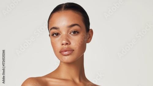 A beautiful close-up beauty portrait of a young woman with clear skin, pulled-back hair, and natural makeup. Features soft, flattering studio light on a white background