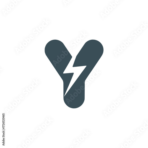 Letter Y icon with electric lightning bolt, Stylized letter Y design intersected by a bold blue lightning bolt, symbolizing energy, technology, speed, and digital innovation.

