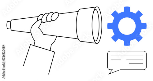 Hand holding a telescope, blue gear for process or technology, and chat box symbolizing communication. Ideal for innovation, strategy, exploration, teamwork, problem-solving progress vision. Simple