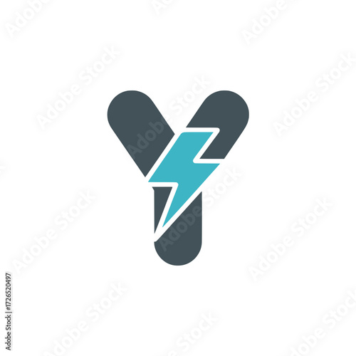 Letter Y icon with electric lightning bolt, Stylized letter Y design intersected by a bold blue lightning bolt, symbolizing energy, technology, speed, and digital innovation.

