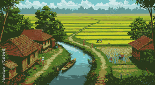 Pixel art village and rice fields scene with a river