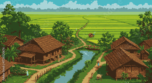 Vibrant Hand-Drawn Illustration of a Serene Balinese Temple Village Surrounded by Terraced Rice Fields
