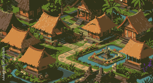 Aerial view of a tranquil village with thatched roofs and serene waterways