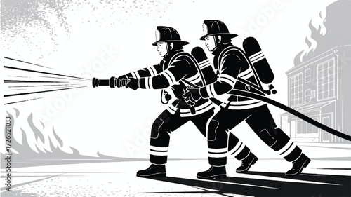 A black and white silhouette illustration of two firefighters in protective gear