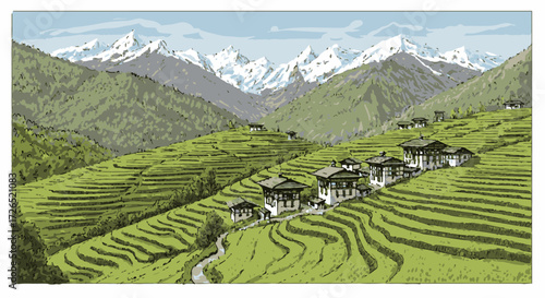 Terraced Green Hillsides with Traditional Bhutanese Village and Snow-Capped Mountains