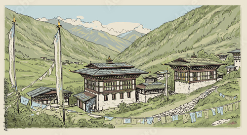 Bhutanese dzong, traditional architecture nestled in a serene mountain landscape